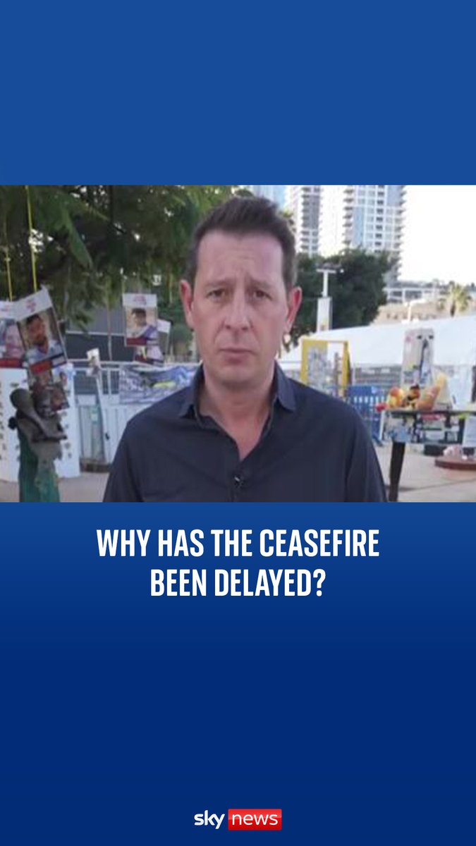 "The ceasefire between Israel and Hamas that was due to start has been delayed." Sky's Alistair Bunkall says it's "unclear when, or if, it will now start today". Latest: