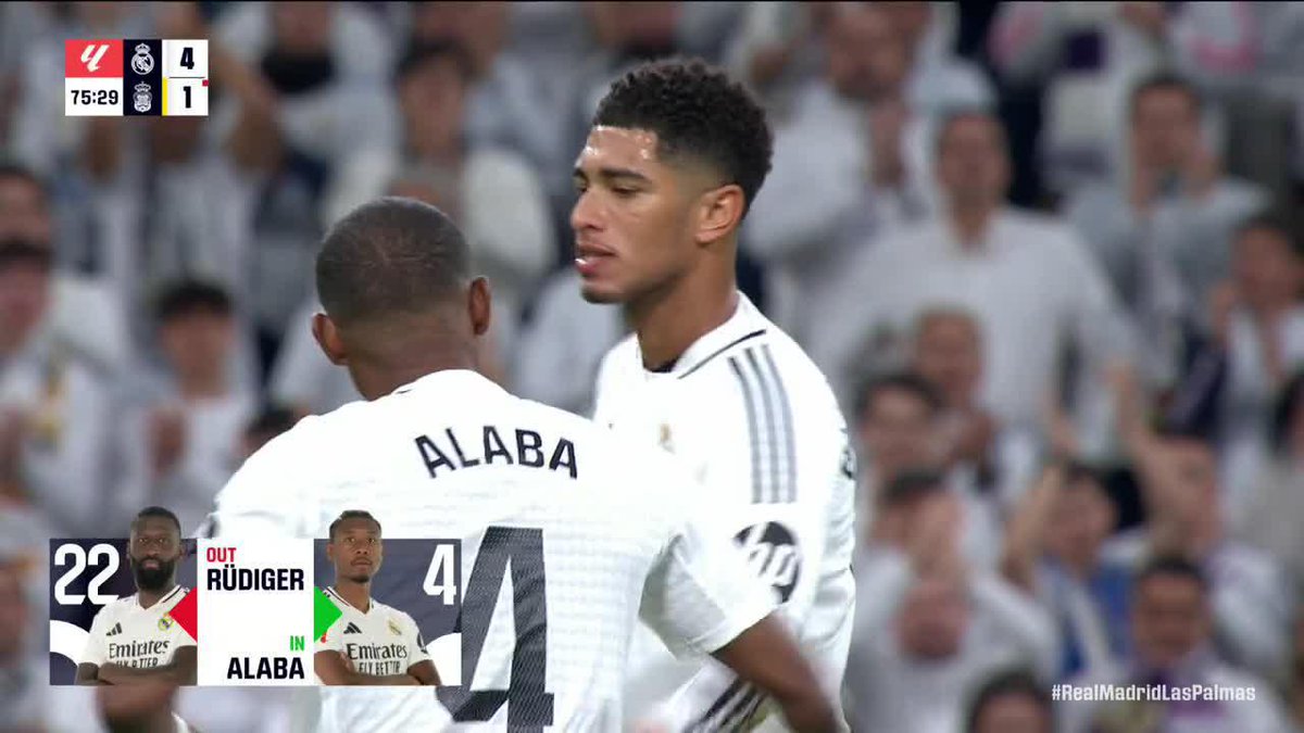 David Alaba comes on for Antonio Rüdiger in the 76th minute for Real Madrid. His first appearance in 13 months for Real Madrid after being sidelined with an injury. What a moment 🤍👏