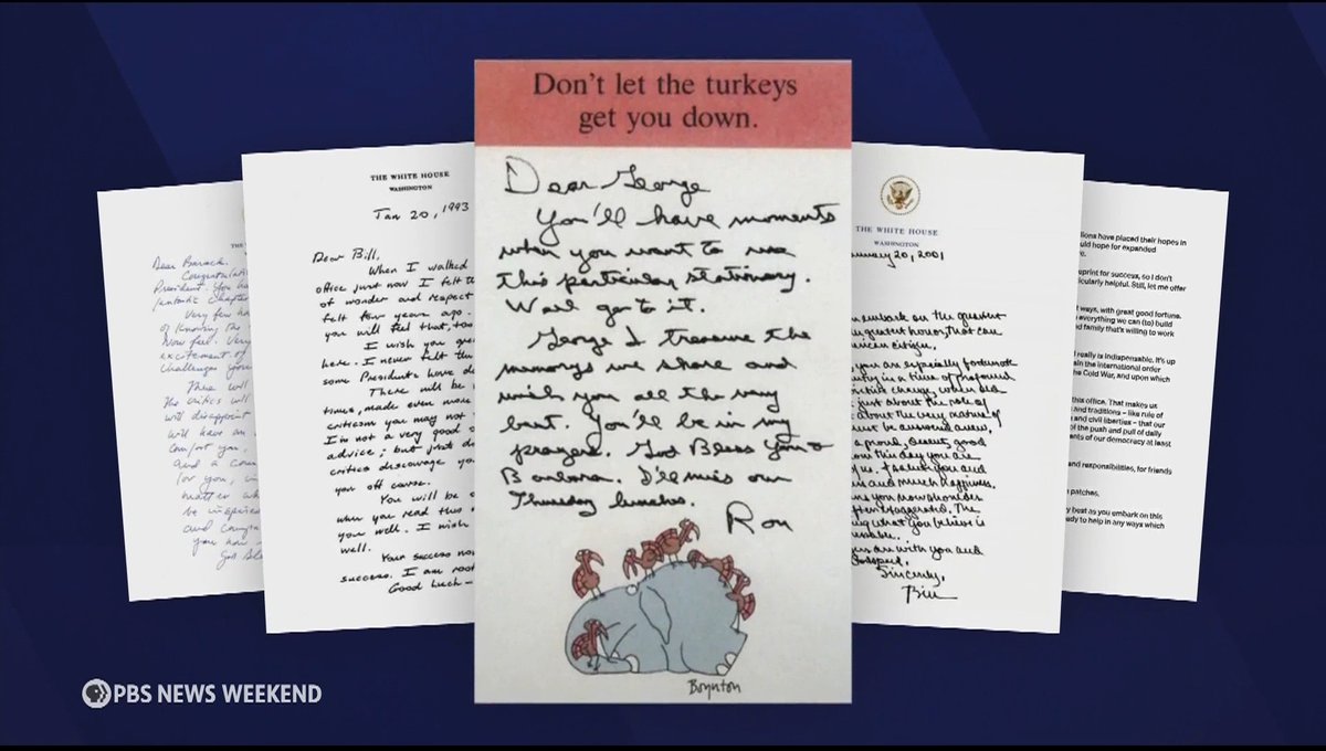 Monday's change of Oval Office occupants is a ritual full of traditions and customs. One of the more modern ones is presidential letters written to their successors and left on the Oval Office desk. “The theme, in general, is about patriotism, service, the importance of the office being bigger than one person and sort of an inspirational encouragement for the next person in office,” Dr. Lindsay M. Chervinsky told John Yang.
