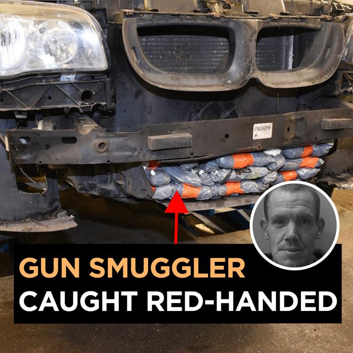 12 years in prison for gun smuggling 🔒 Officers from the Met Police and UK Border Force intercepted a car carrying 18 illegal loaded guns and over 230 rounds of ammunition, hidden in the vehicle’s front bumper. Watch the moment Karl Tugwell was caught red-handed.