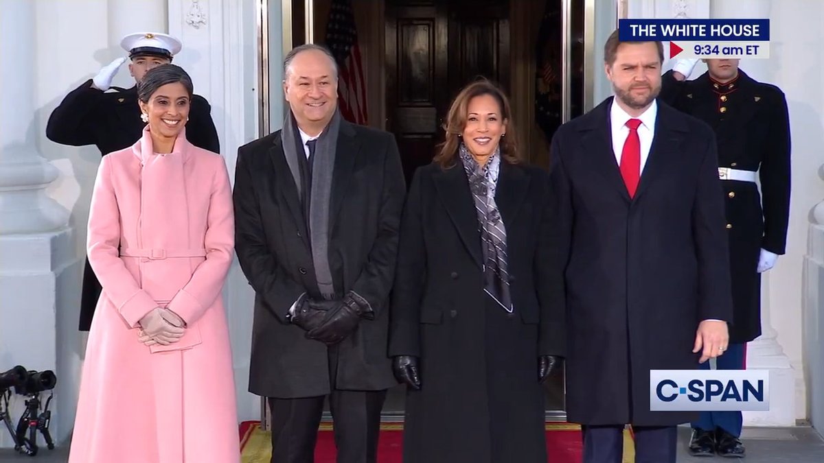 Vice President Kamala Harris and Second Gentleman Doug Emhoff welcome Vice President-elect JD Vance and Usha Vance to the White House on #Inauguration Day.