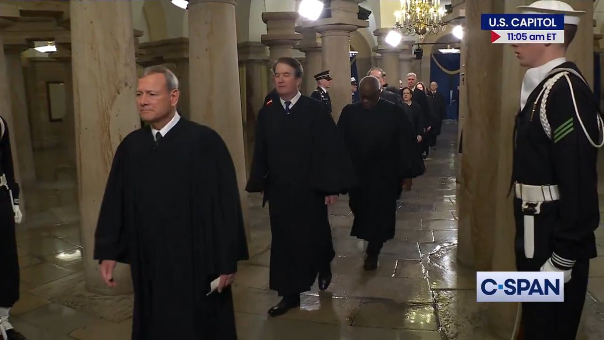 The nine justices of the U.S. Supreme Court and retired Justice Breyer arrive for the Inauguration.