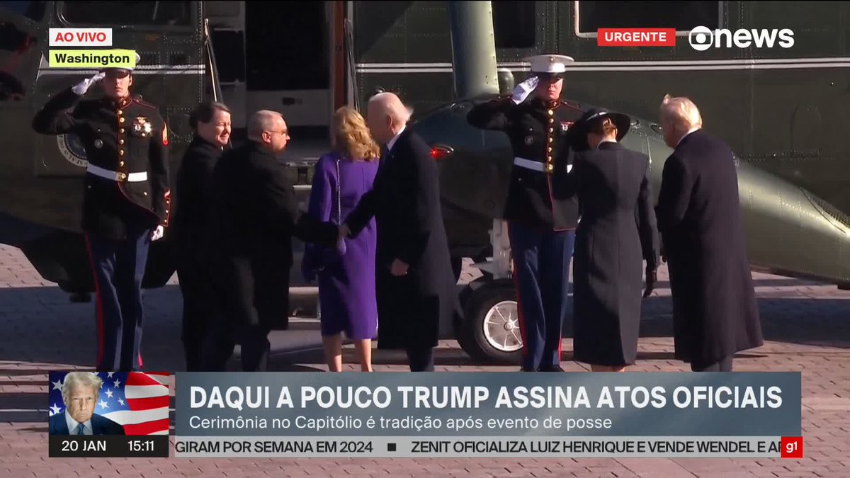 Joe e Jill Biden deixam o Capitólio de helicóptero, em Washington, após cerimônia de posse de Trump. Gesto faz parte da tradição da política americana. ➡ Assista ao #Estúdioi: #GloboNews