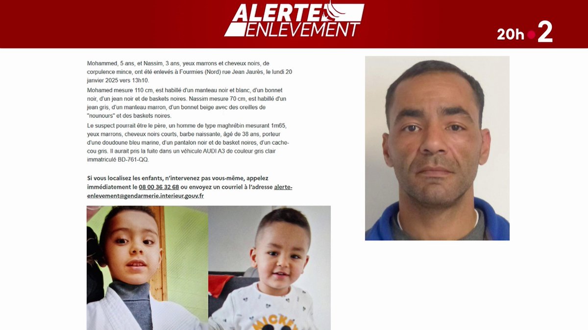 🚨 #AlerteEnlevement : Mohammed, 5 ans, et Nassim, 3 ans, ont été enlevés à Fourmies, dans le Nord. Le suspect pourrait être leur père, un homme de 38 ans qui a pris la fuite à bord d'une Audi.