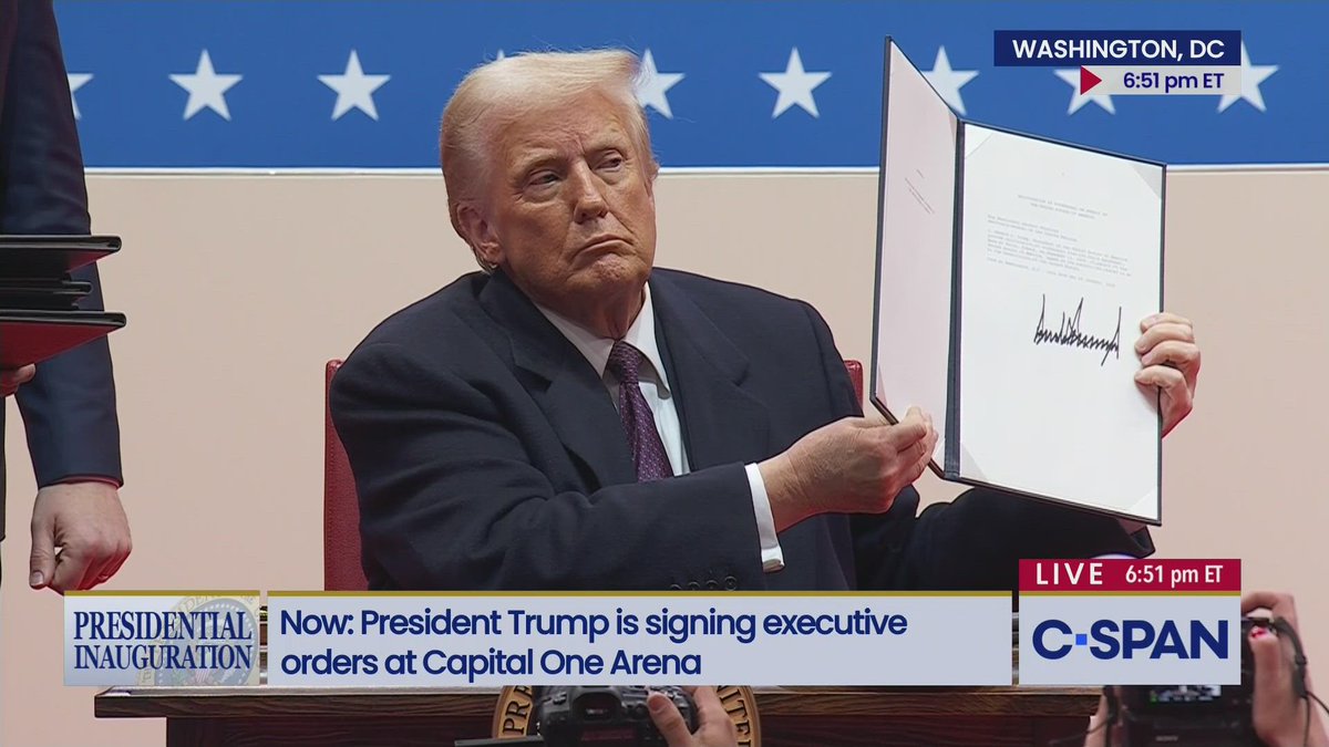 President Trump signs several executive orders at Capitol One Arena including rescinding 78 executive actions by former President Biden, a regulatory and hiring freeze for government agencies, withdrawing from the Paris Climate Agreement and others.
