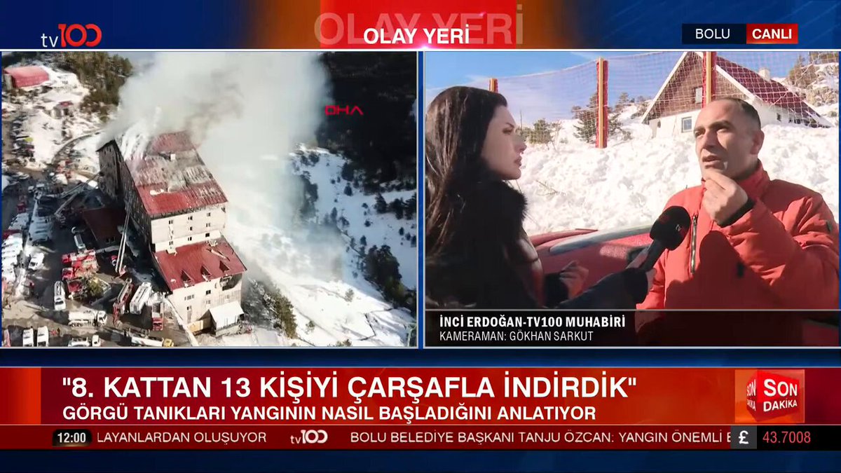 Bolu Kartalkaya'daki yangında görgü tanığı: "Çarşafı misafir bağlayıp sarkıttı. Ben ip attım 8. kata. Oradan 13-15 kişi indirdik." #Bolu #yangın Bolu'da Allah'tan #kartalkaya