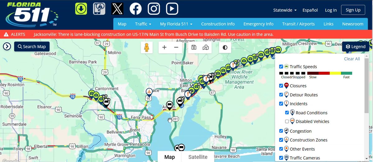 Want to see Florida snow? Check it out online at FL511.com- Here you’ll see live traffic cameras on our major roadways like the I-10 corridor as well as active state-owned road and bridge closures. With winter weather conditions changing quickly avoid non-essential travel in these impacted areas.