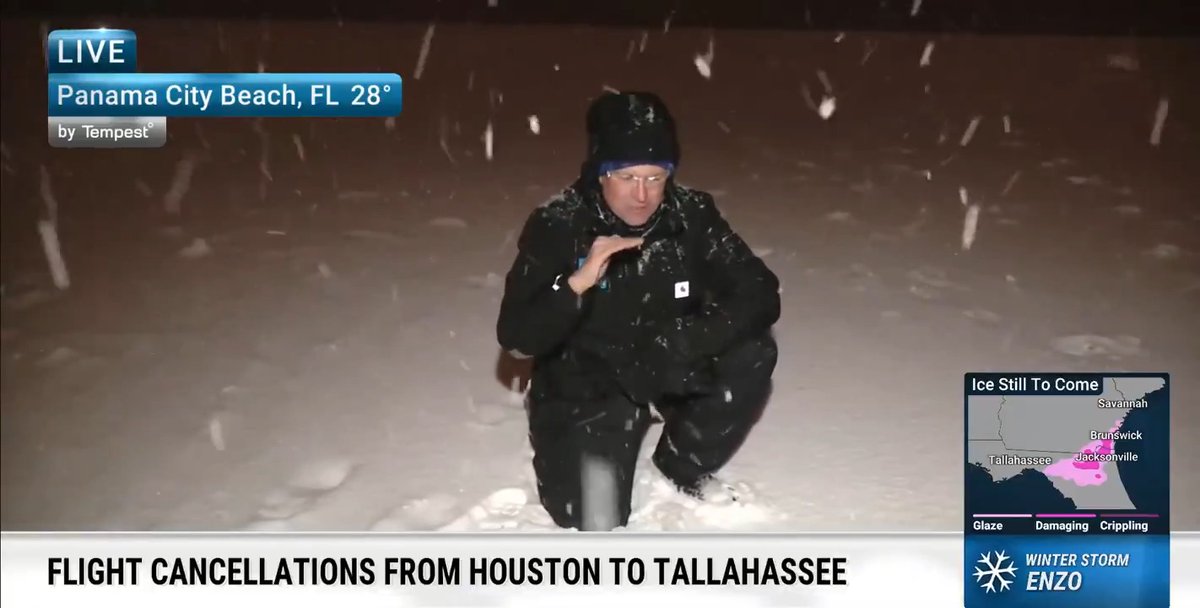 Winter Storm Enzo transformed white sand into snow-covered beaches today along the Gulf Coast. Check out the scene in Panama City Beach, Florida, with Meteorologist @TWCChrisWarren: