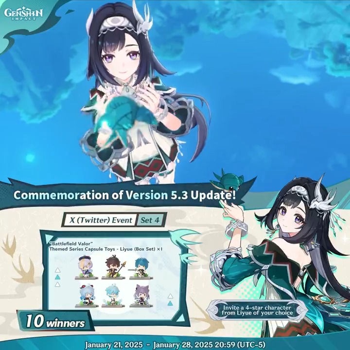 ✨Set 4✨ Commemoration of Version 5.3 Update 🎁Participate for a chance to win official merchandise. How to Participate: ① Follow Genshin Impact ② Retweet this post You can instantly check the event results here>>> #GenshinImpact