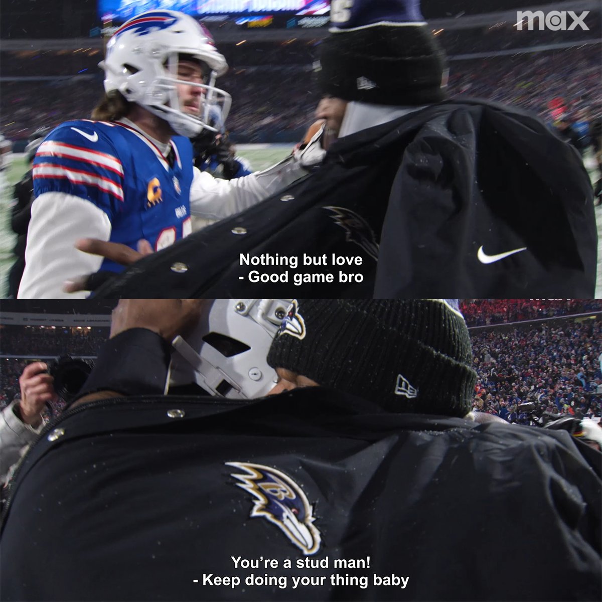 Postgame mic'd up between Josh Allen and Lamar Jackson 🤝 Greatness respects greatness. #HardKnocks