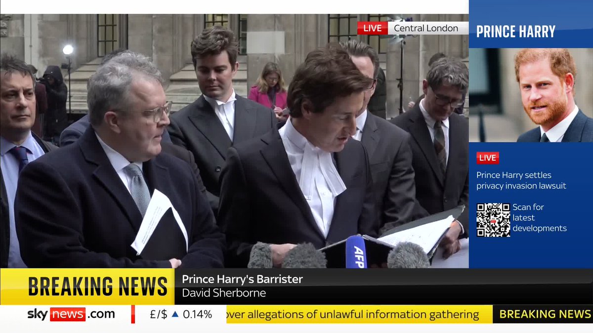'In a monumental victory, News UK has admitted that The Sun has engaged in illegal practices' Prince Harry's lawyer, David Sherborne reads a statement on behalf of The Duke of Sussex and Lord Watson after The Sun publisher offers an apology for intruding into their private life