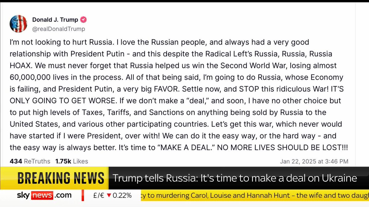 BREAKING: Donald Trump has threatened Vladimir Putin with "high levels" of taxes, tariffs and sanctions unless he makes a peace deal with Ukraine. "I'm not looking to hurt Russia," he said in a Truth Social post. 📺 Sky 501 and YouTube