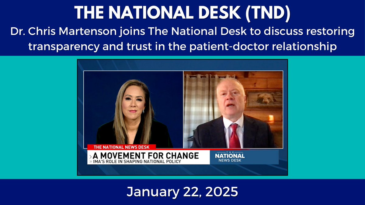 "The IMA (Independent Medical Alliance) seeks to restore this lost trust - and it has been lost - by continuing to do what we've always done. We put the patient's needs first, the patient care comes first... and we're advocating for doctors to be allowed to be doctors again." - Dr. Chris Martenson This morning, Independent Medical Alliance (formerly FLCCC) Senior Fellow, Toxicology Dr. Chris Martenson joined host Jan Jeffcoat on The National Desk The National Desk for a discussion on restoring transparency and trust in the patient-doctor relationship. Watch now.