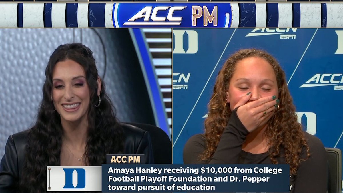 The moment Duke Swimming & Diving's Amaya Hanley found out she's receiving $10,000 from the College Football Playoff Foundation 🥹💙