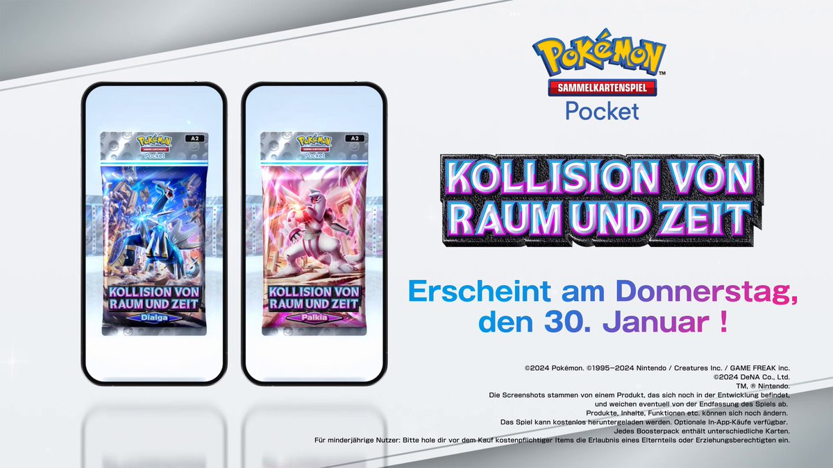Es wird Zeit, einer brandneuen Erweiterung für Pokémon-Sammelkartenspiel-Pocket Raum zu geben... Begebt euch in den Kosmos, wenn Kollision von Raum und Zeit am 30. Januar in der App veröffentlicht wird! 🌌⏰