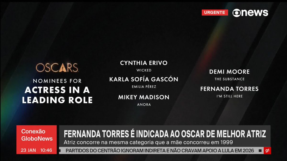 Oscar 2025: Fernanda Torres é indicada à categoria de Melhor Atriz. A premiação está programada para ocorrer em 2 de março. ➡ Assista ao #ConexãoGloboNews: #GloboNews