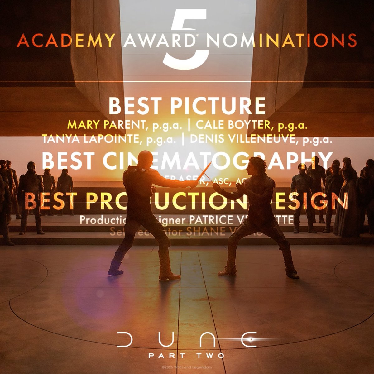 #DuneMovie has received 5 The Academy nominations including Best Picture of the Year! - Best Picture - Best Cinematography - Best Production Design - Best Sound - Best Visual Effects