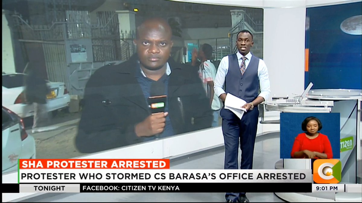 SHA Protester Arrested: Protester who stormed CS Barasa’s office arrested Grace Mulei arrested at Ladnan Hospital in Eastleigh Mulei led a team of patients in storming Barasa’s office #CitizenTonight Trevor Ombija, HSC