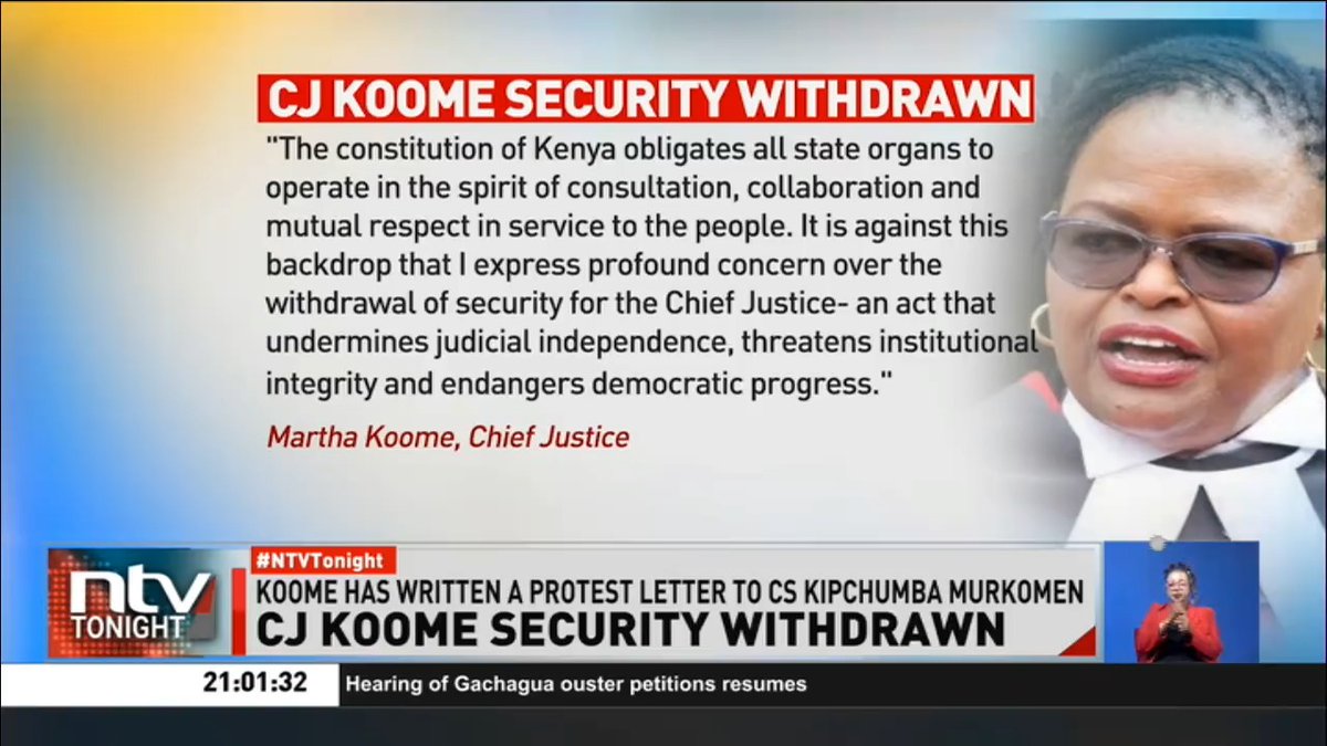 CJ Koome Security Withdrawn: Chief Justice Martha Koome is protesting the withdrawal of her security; says the act undermines Judicial independence. Police spokesperson Resila Onyango says the officers have been recalled to attend their promotional courses. #NTVTonight Ben Kitili David Muthoka