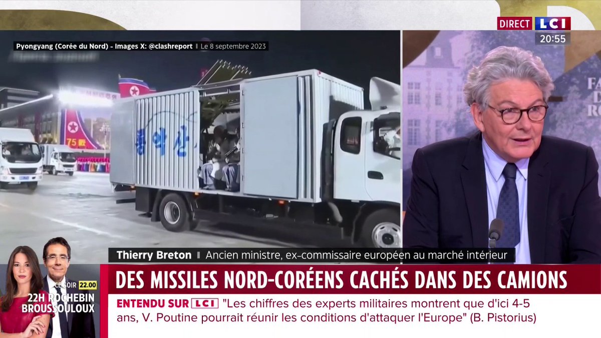 💬 "Contrairement à ce qu'il dit, Poutine a besoin d'armement considérable, sa production ne suit pas." analyse Thierry Breton ▶️ Face à Darius Rochebin