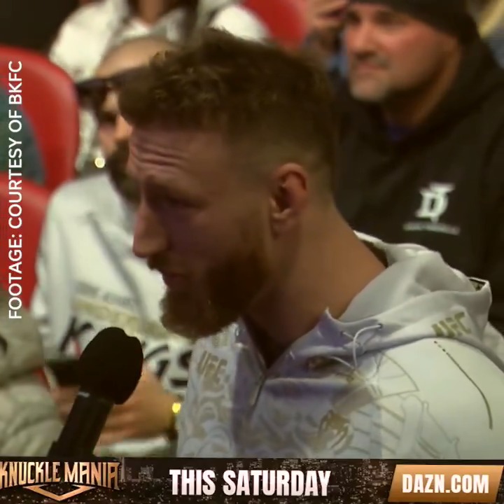 UFC's Joe Pyfer crashed the #KM5 press conference to talk trash to Jeremy Stephens 😳 "I'm pretty sure that motherf*cker can't spell, his haircut looks like sh*t. ... If 'Lil' Heathen' want to do something after, he can get his ass whipped by me, too."