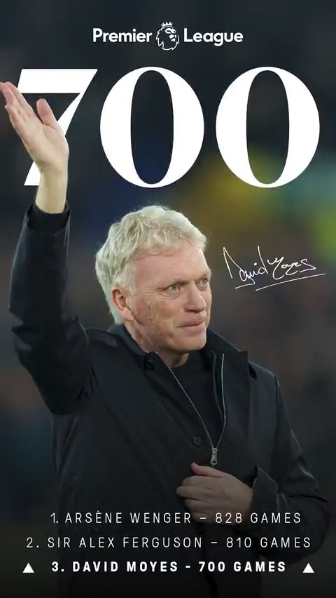 Tomorrow, David Moyes will take charge of his 700th Premier League game - a feat only two other managers have achieved. 👏 Congratulations, boss! 💙