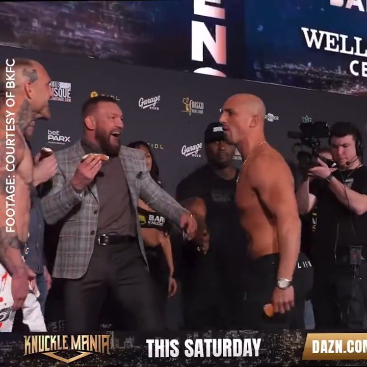 Conor McGregor got caught in the middle of a pastry war at BKFC #KM5 final faceoffs 😂🧁 🎥 Bare Knuckle FC