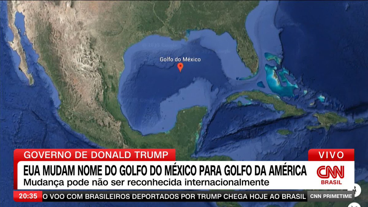 O Departamento do Interior dos Estados Unidos disse, nesta sexta-feira (24), que mudou oficialmente o nome do “Golfo do México” para "Golfo da América”. A medida faz parte de uma série de ordens executivas assinadas por Trump, parte de uma promessa de campanha. #CNNPRIMETIME