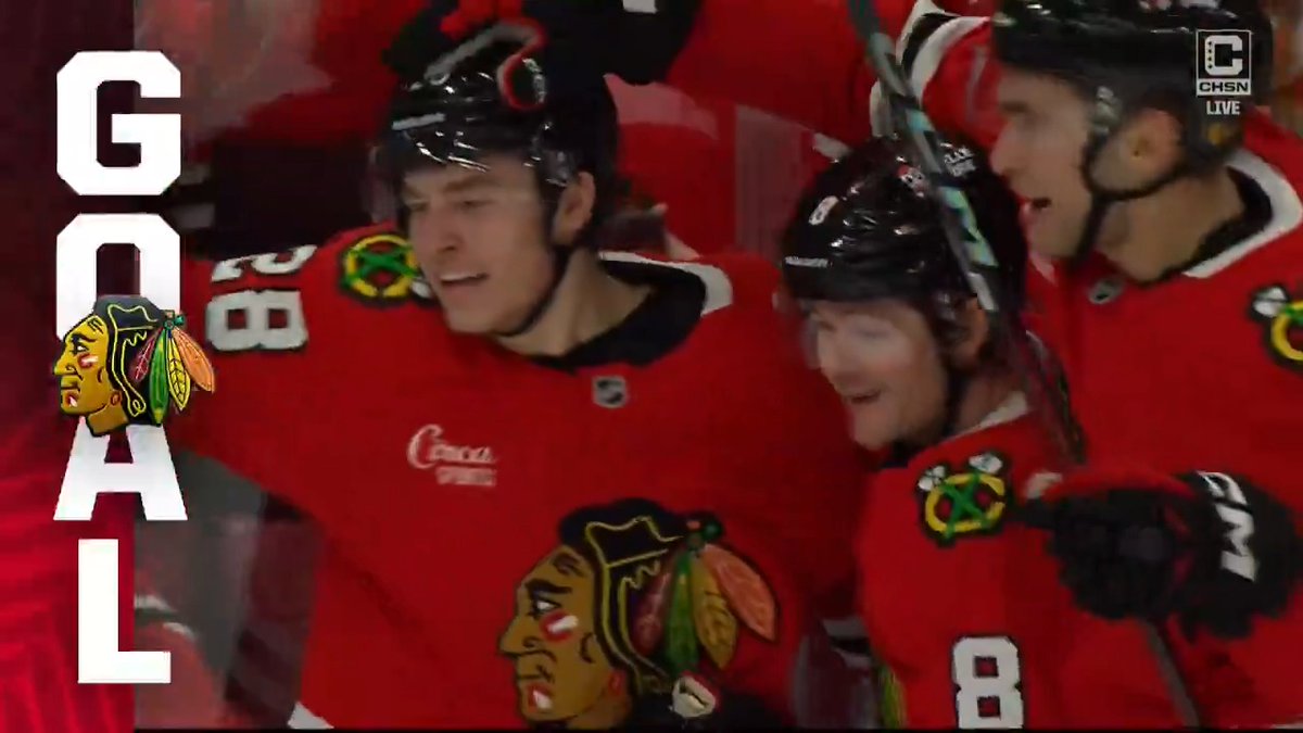 There it is: Colton Dach scores his first career NHL goal. #Blackhawks