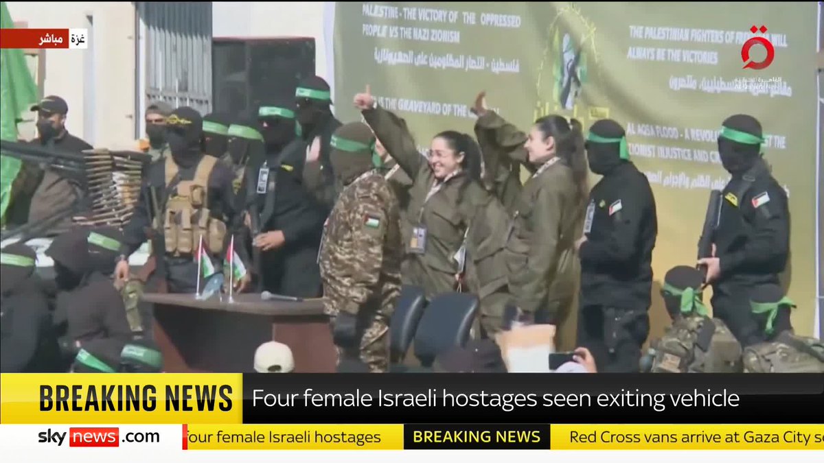 BREAKING: Watch the moment four female Israeli hostages are seen exiting a vehicle after being freed by Hamas. They look healthy, happy, smiling...they were looked after!