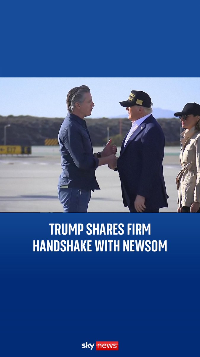 Newsom and Trump shared a firm handshake, with the President appearing to try and pull his hand back - but the governor held on.