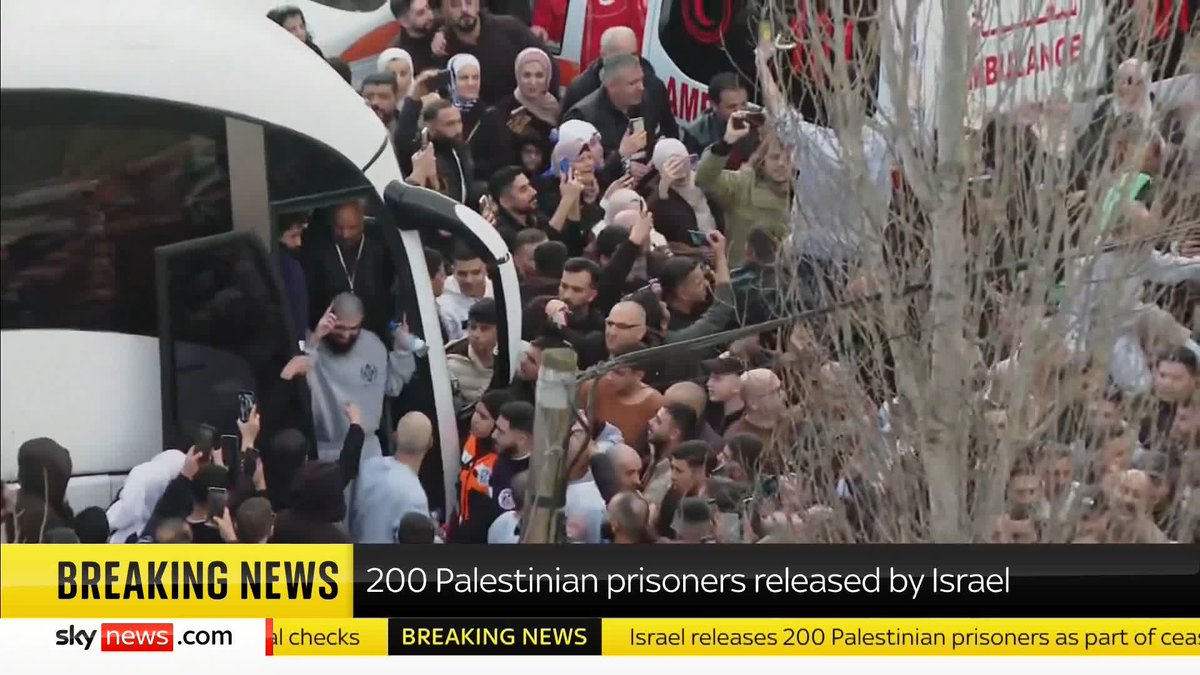 'These are people that have been convicted of serious crimes. There are plenty in Israel who think that criminals are being released.' Sky's Adam Parsons reports as 200 Palestinian prisoners are released by the IDF, as part of a ceasefire deal.