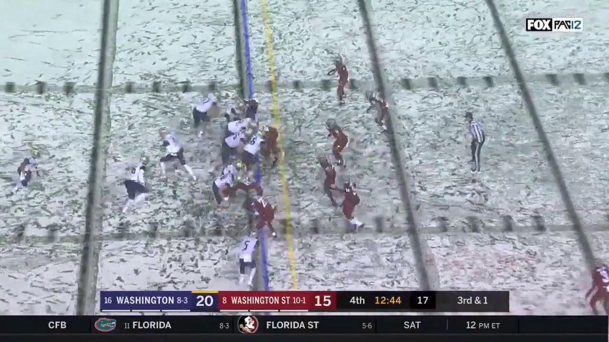 11/23/18: Myles Gaskin (aka sandman) dashes through the snow for an 80 yard TD run to secure the W in Pullman. MMFG finished his career with a 4-0 record in the Apple Cup, rushing for a total of 550 yards and 10 TDs against the Cougars in those four years.
