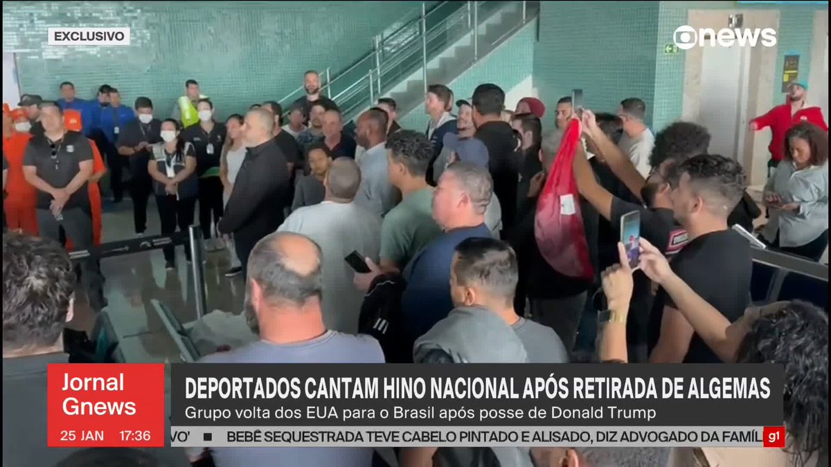 Deportados dos EUA cantam o hino nacional após saber que terminariam a viagem sem algemas. Grupo volta dos Estados Unidos para o Brasil após posse de Donald Trump. ➡ Assista ao #JGnews: #GloboNews