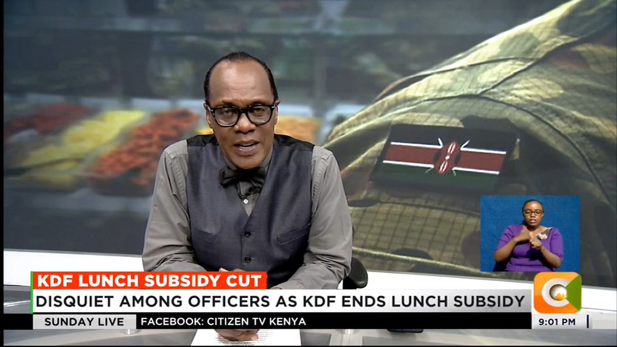 KDF Lunch Subsidy Cut: Disquiet among officers as KDF ends lunch subsidy New Pay-As-You-Eat (P.A.Y.E) system to start in July Subsidy cut over ‘inefficiency & ineffectiveness’ Service commanders to prepare new cashless systems #CitizenSundayLive Jeff Koinange, MBS