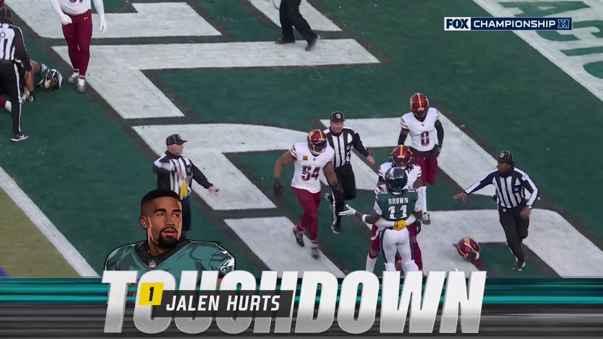 Hurts scores the TD and some exchanges follow between Commanders and Eagles players