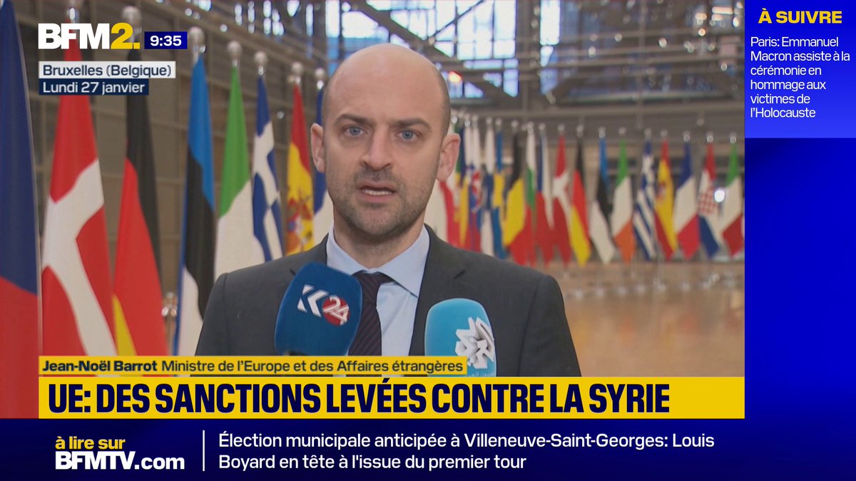 💬 "Pour la Syrie, nous allons décider aujourd'hui de lever, de suspendre certaines sanctions" Jean-Noël Barrot, le ministre des Affaires étrangères, participe ce lundi à une réunion du Conseil des affaires étrangères à Bruxelles