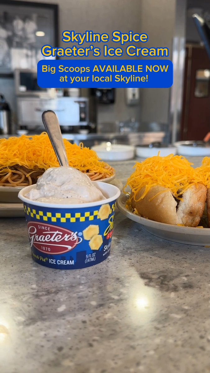 HERE’S THE SCOOP! Two Cincinnati Classics collide! We’re teaming up with Graeter's Ice Cream to bring you the highly anticipated, limited-edition ice cream featuring oyster crackers and a Skyline secret spice mix! Skip the bib and grab a spoon! Skyline Graeters Ice Cream Big Scoops are available while supplies last at participating locations.
