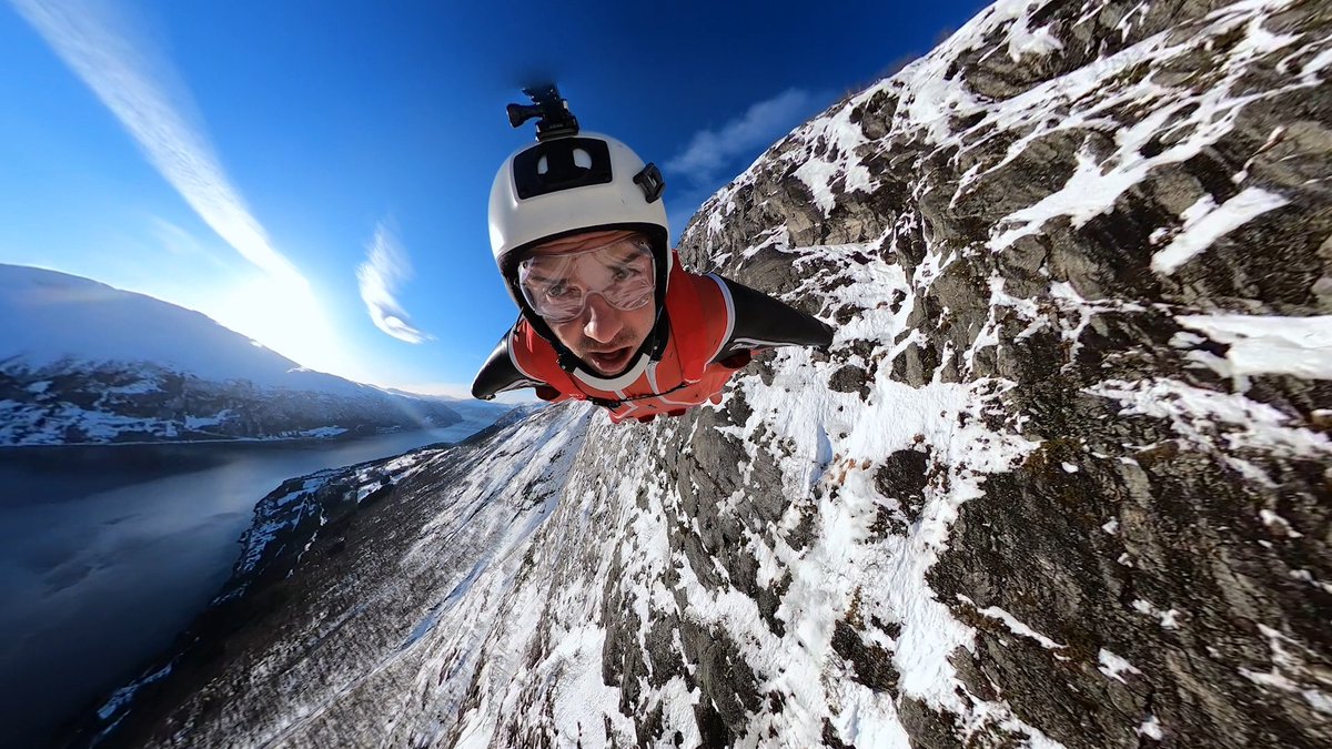 Extreme sledding is Andreas Hemli's favorite pastime 😮 Shot on our 360° camera, #GoProMAX. #GoPro #Wingsuit #BASE #BASEJumping #POV