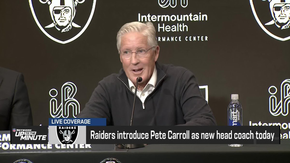 "RAAIIIDERS!" Safe to say there is some enthusiasm at Pete Carroll's introductory press conference as the Las Vegas Raiders new head coach 😂