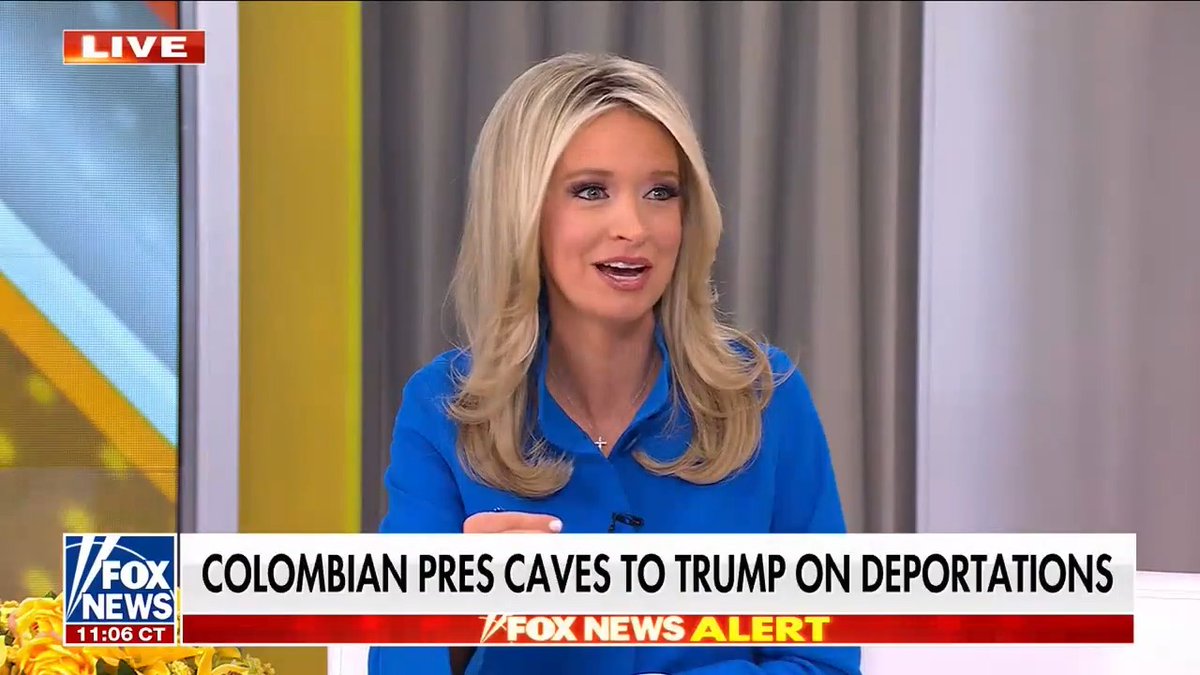 Fox News Host Kayleigh McEnany thinks Colombia's quick cave to President Trump over deportation flights will lead to Canada importing more from the US and Denmark ceding Greenland.