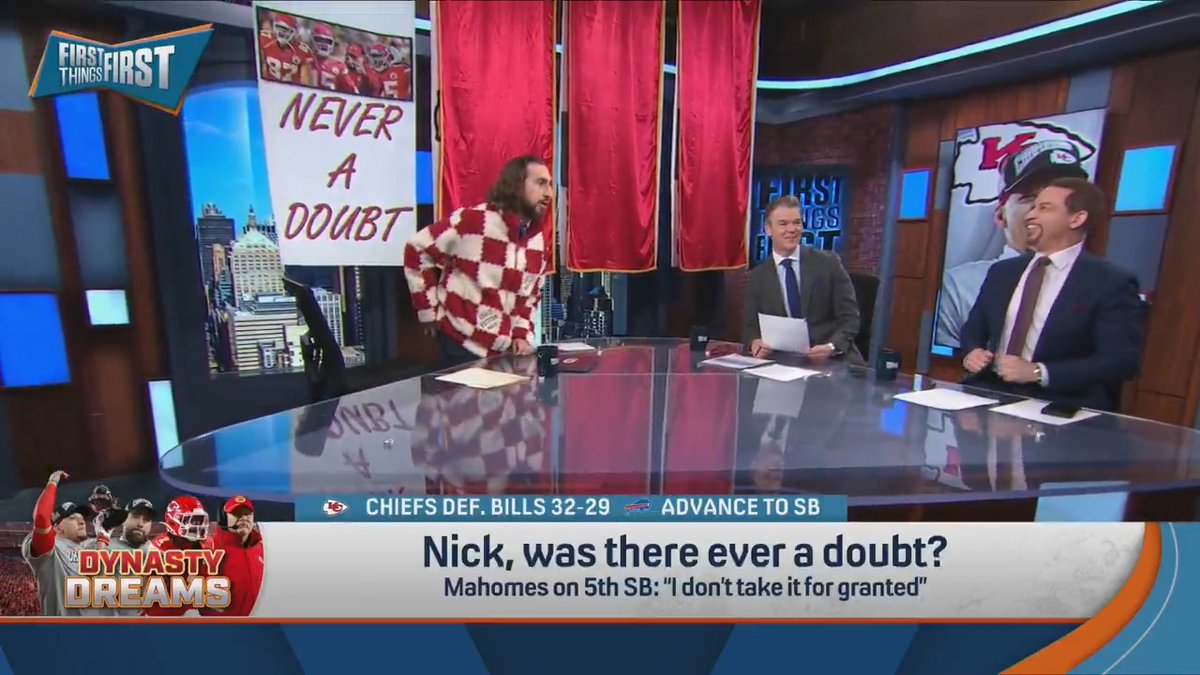 “How could there ever be a doubt? We are watching the greatest team in the history of the sport led by, arguably, the greatest player in the history of the sport.” nick wright drops his first Chiefs banner: