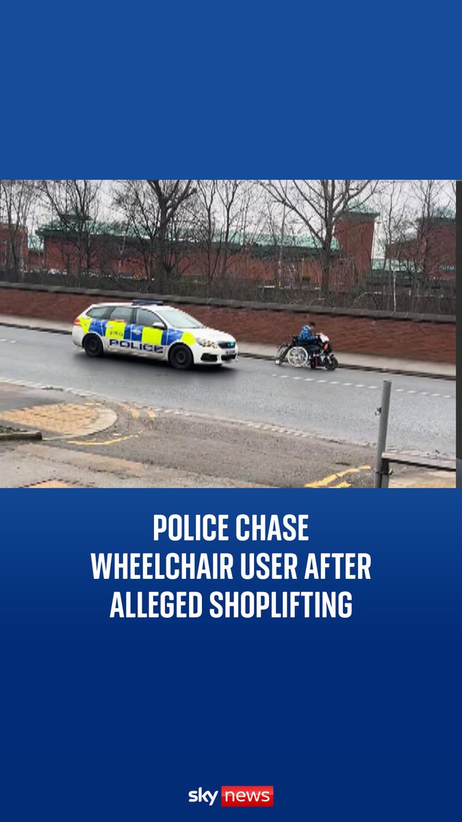 The 33-year-old woman on a motorised wheelchair was chased by a police car in Sheffield, after allegedly stealing 'high value' items from a shop. #skynews #uknews #sheffield #policecar
