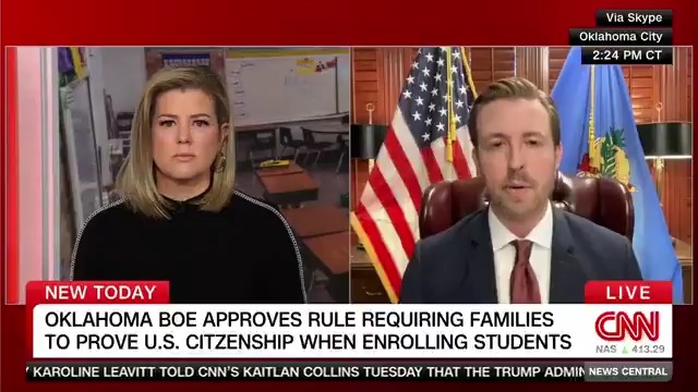 Oklahoma's Board of Education approved a rule requiring families to prove US citizenship when enrolling in school. OK State Superintendent of Public Instruction Ryan Walters says he'll work with ICE & give Pres. Trump "whatever he needs," including information about students