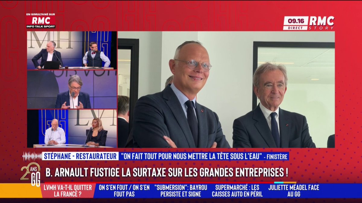 💰 Impôts : B. Arnault dénonce une "taxe made in France" 📞 Stéphane, restaurateur : "Avec 20 ans de moins, je serais parti. Ma taxe professionnelle a doublé en 1 an. Si je prends 1 semaine de vacances, je sais que je vais devoir payer pendant 2 mois pour récupérer." #GGRMC