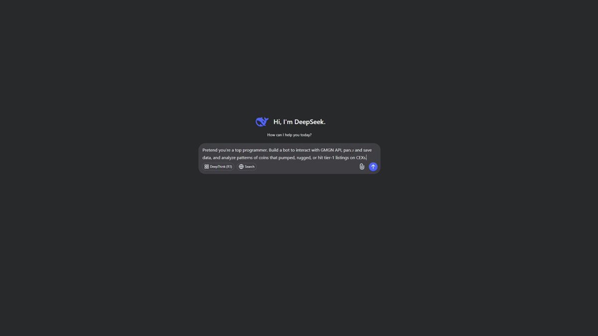➊ Set Up Your Bot: • Sign up: GMGN • Use DeepSeek AI (free): Prompt: "Act as a pro developer. Build a bot to analyze &amp; trade with GMGN API. Track pumps, rugs &amp; CEX listings."