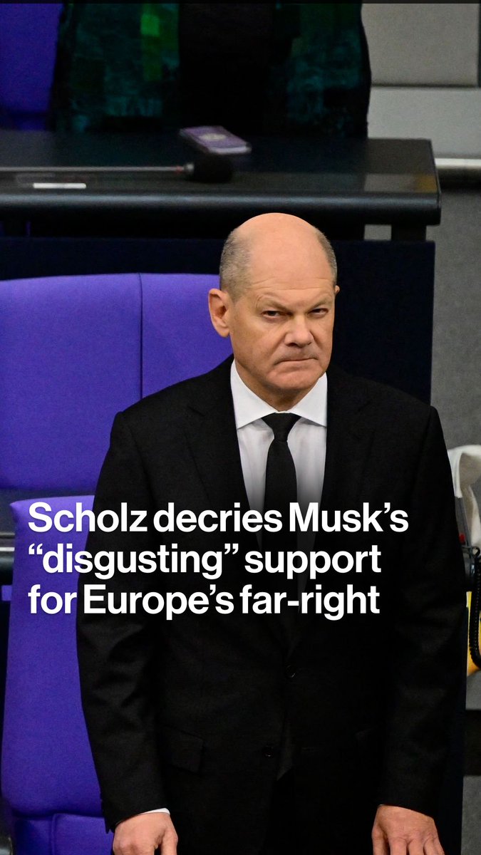 German Chancellor Olaf Scholz condemned what he described as Elon Musk's "disgusting" intervention in favor of Europe's right-wing politicians after the billionaire told a crowd in Berlin to get over their guilt for German history