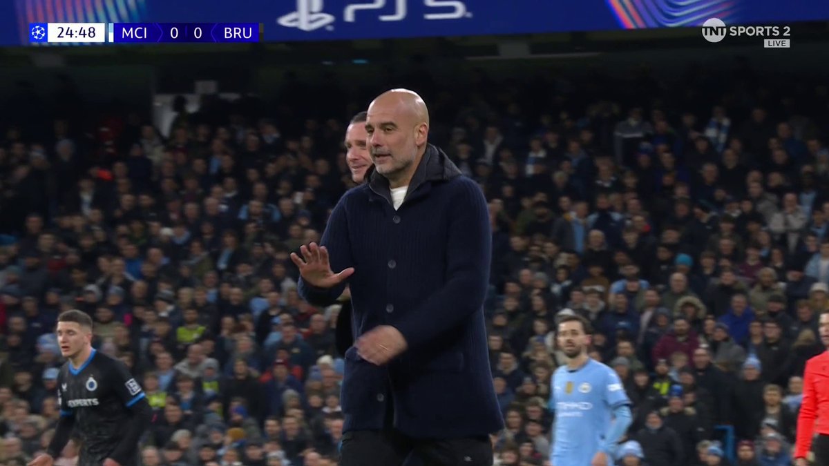 Pep Guardiola accidentally hits Club Brugge manager Nicky Hayen with the ball trying to quickly restart play 😅 📺 TNT Sports &amp; discovery+ UK