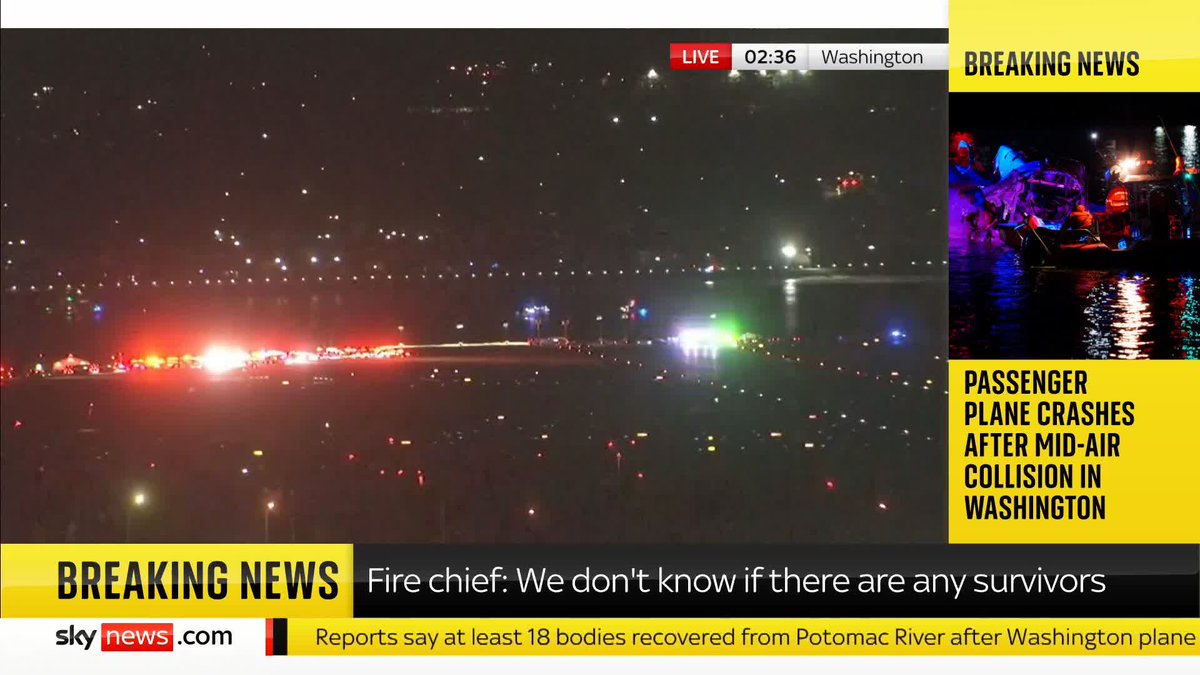 'There is no indication that anyone was doing anything other than following various procedures.' Pilot and aviation consultant, Tim Atkinson reacts to the passenger plane crash after it collided with a helicopter in Washington DC. 📺Sky 501 and YouTube