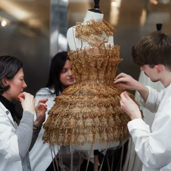 Crinolines were radically lightened up for #DiorCouture Spring-Summer 2025, and the inventiveness embodied by #DiorSavoirFaire saw bamboo artisan Laure Julien and straw work specialist Nathalie Seiller Dejean channel their expertise into the creation of a romantic gown.